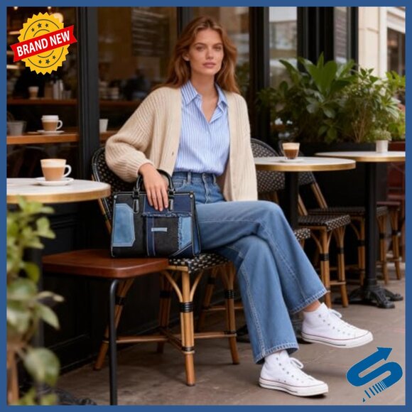 Vintage Denim Patchwork Tote Bag Shoulder Purse Travel Daily - Picture 3 of 7